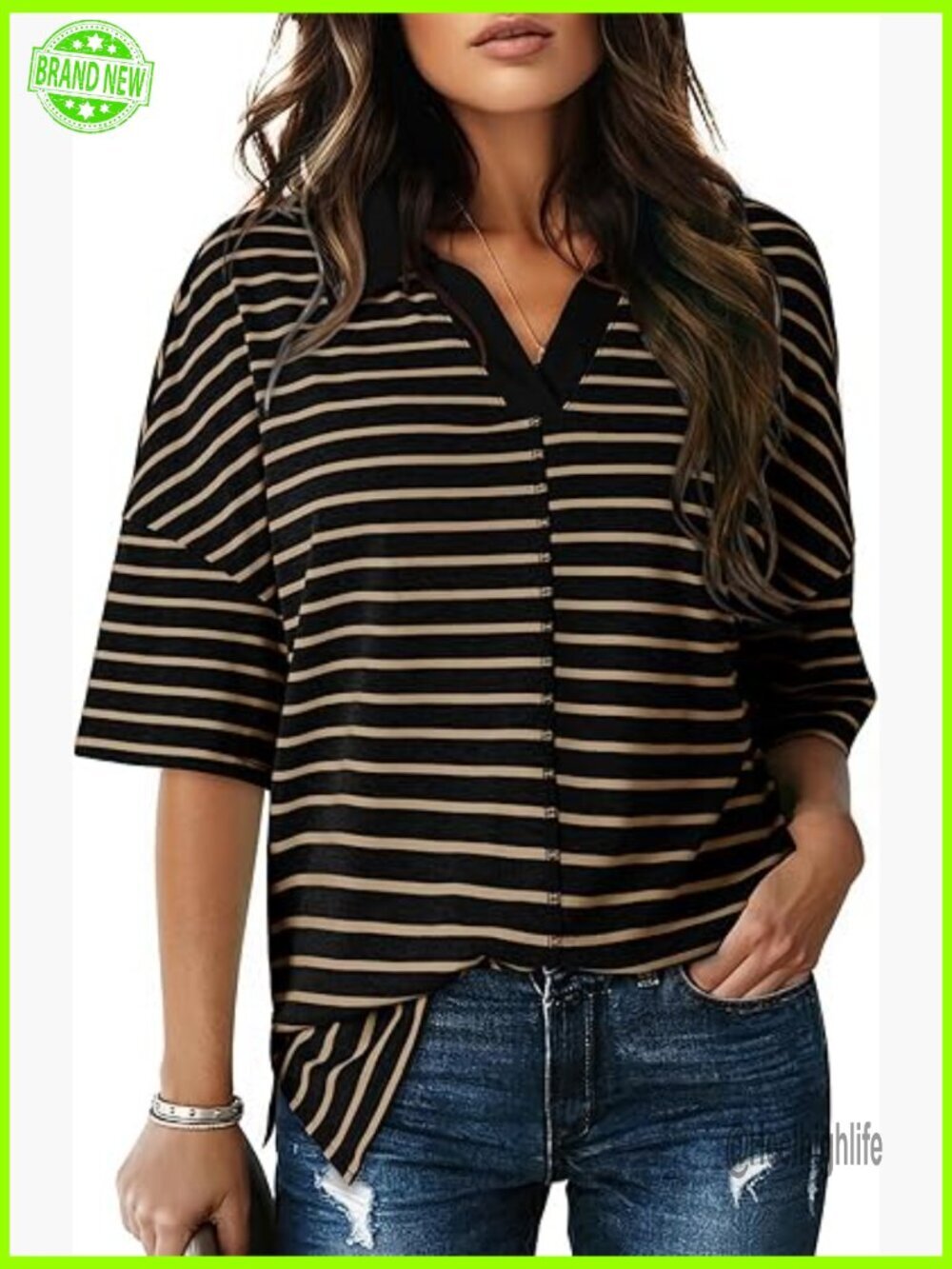 Oversized V-Neck Striped Polo T-Shirt Loose Fit Short Sleeve Blouse